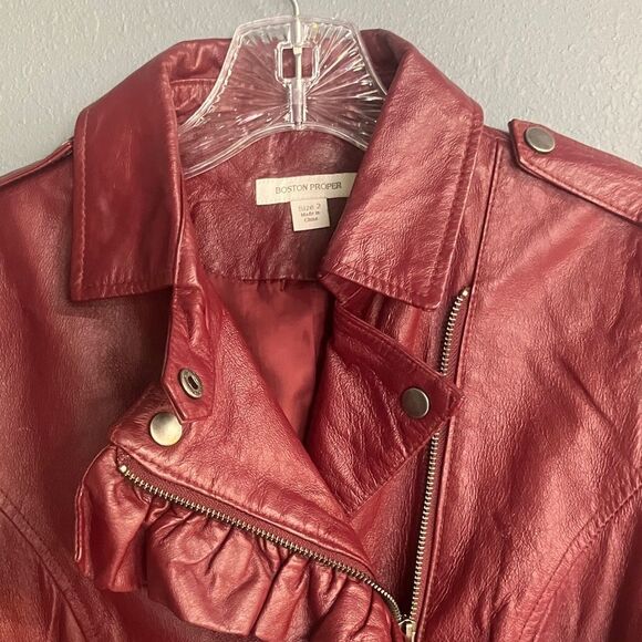 Boston Proper Women's Burgundy 100% Genuine Leather Moto Jacket size 2 #719 - Picture 12 of 14